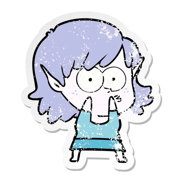Distressed Sticker Cartoon Elf Girl Staring — Stock Vector