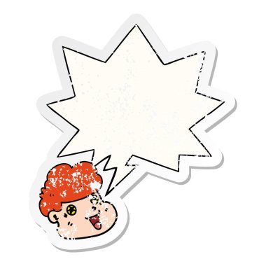 karikatür çocuk yüzü ve konuşma balonu sıkıntılı etiket