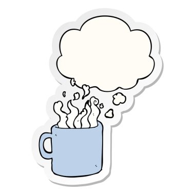 karikatür sıcak fincan kahve ve baskılı bir sticke olarak kabarcık düşünce