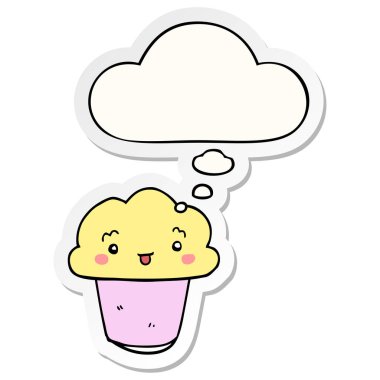 baskılı bir sticke olarak yüz ve düşünce balonu ile karikatür cupcake