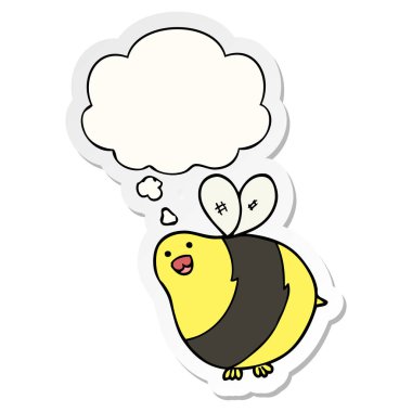 karikatür arı ve baskılı bir etiket olarak kabarcık düşünce