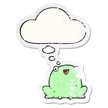 karikatür kurbağa ve sıkıntılı yıpranmış etiket olarak kabarcık düşünce