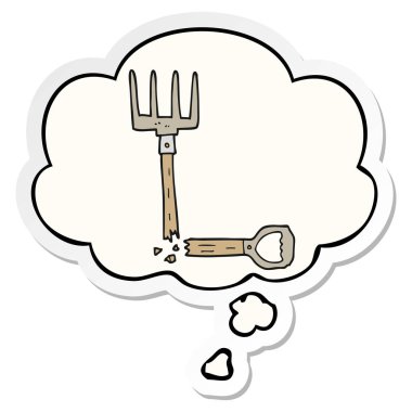 karikatür kırık pitchfork ve baskılı bir etiket olarak kabarcık düşünce