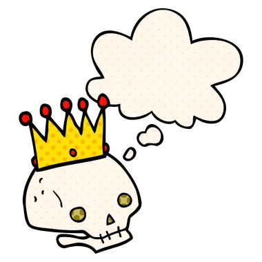 çizgi roman tarzında taç ve düşünce balonu ile karikatür kafatası