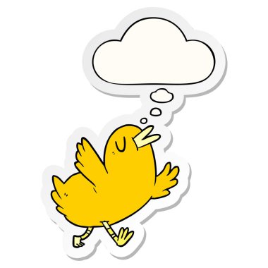 karikatür mutlu kuş ve baskılı bir etiket olarak kabarcık düşünce