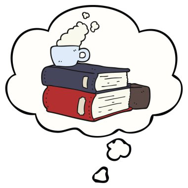karikatür kitapları ve kahve fincanı ve düşünce balonu