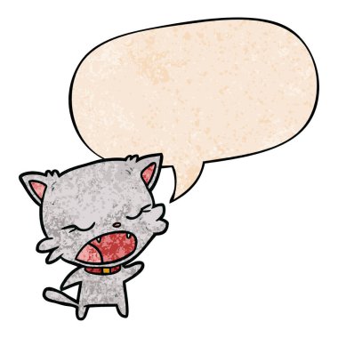 retro doku stilde sevimli karikatür kedi konuşma ve konuşma balonu
