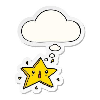 sevimli karikatür yıldızı ve baskılı bir etiket olarak kabarcık düşünce