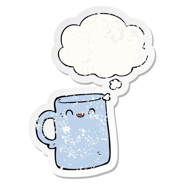 Cartoon mug and thought bubble as a distressed worn sticker — Stock Vector