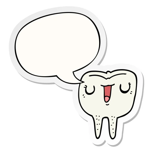 Cartoon happy tooth and speech bubble sticker — Stock Vector