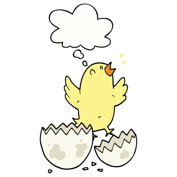 Cartoon bird hatching from egg and thought bubble — Stock Vector