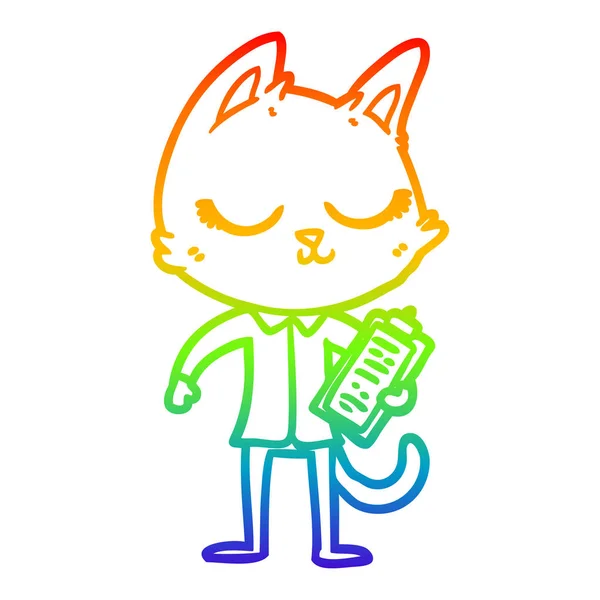 Regenboog gradiënt lijntekening kalm cartoon kat met Klembord — Stockvector