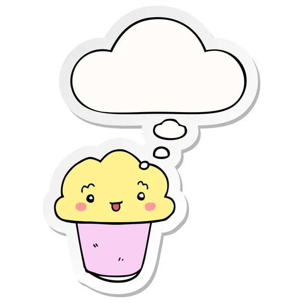 Cartoon-Cupcake mit Gesicht und Gedankenblase als Aufkleber — Stockvektor