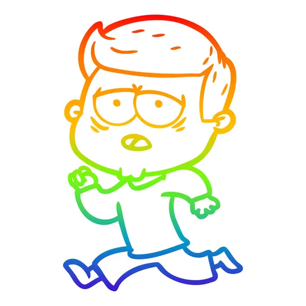 Regenboog gradiënt lijntekening cartoon vermoeide man — Stockvector