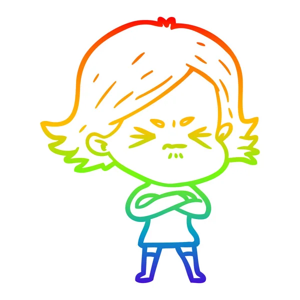 Rainbow gradient line drawing cartoon angry girl — Stock Vector