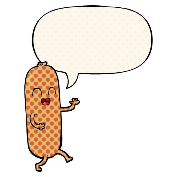 Cartoon dancing sausage and speech bubble in comic book style — Stock Vector