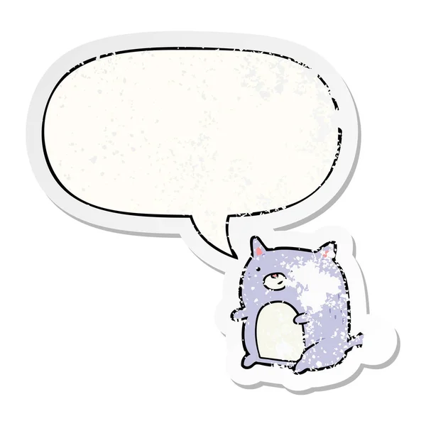 Adesivo gatto cartone animato e bolla vocale angosciato — Vettoriale Stock