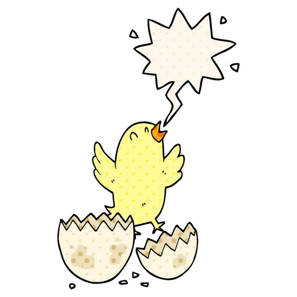 Pájaro de dibujos animados eclosionando de huevo y burbuja del habla en cómics s — Vector de stock