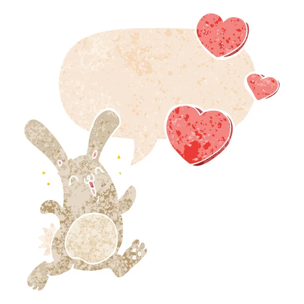 Coniglio cartone animato in amore e la bolla discorso in stile retrò testurizzato — Vettoriale Stock