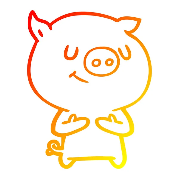 Warme kleurovergang lijntekening gelukkig cartoon varken — Stockvector