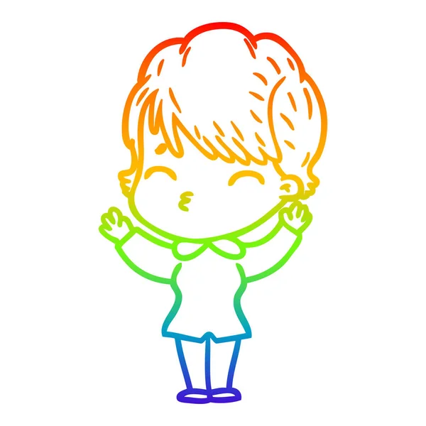 Regenboog gradiënt lijntekening cartoon vrouw denken — Stockvector