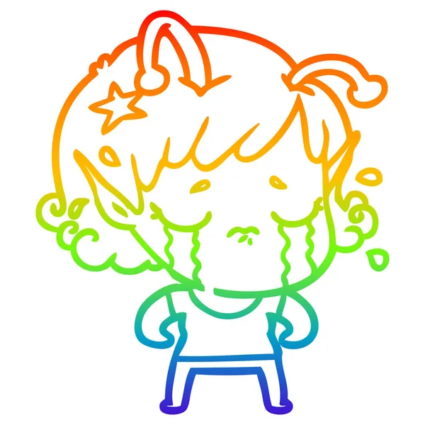 Rainbow gradient line drawing cartoon crying alien girl — Stock Vector