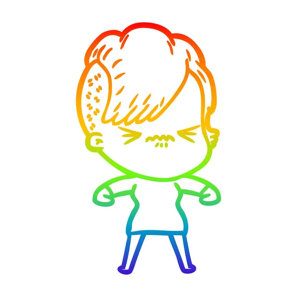 Arcobaleno gradiente linea disegno cartone animato infastidito hipster ragazza — Vettoriale Stock