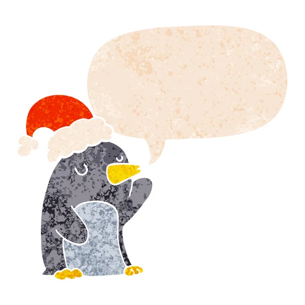 Mignon dessin animé pingouin de Noël et bulle de la parole dans le textur rétro — Image vectorielle