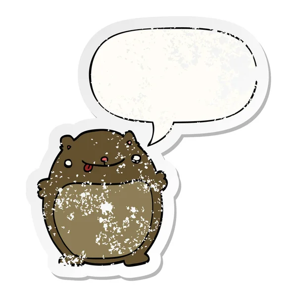 Cartoni animati orso grasso e adesivi bolla vocale angosciato — Vettoriale Stock