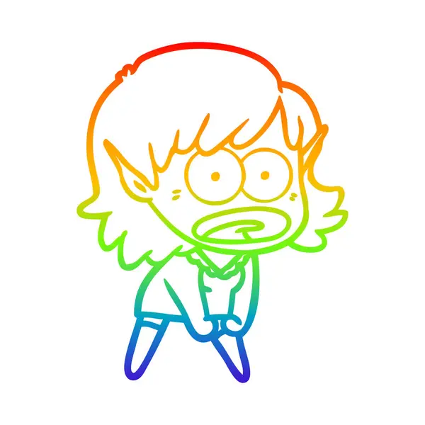 Arco iris gradiente línea dibujo dibujos animados sorprendido elfo chica — Vector de stock