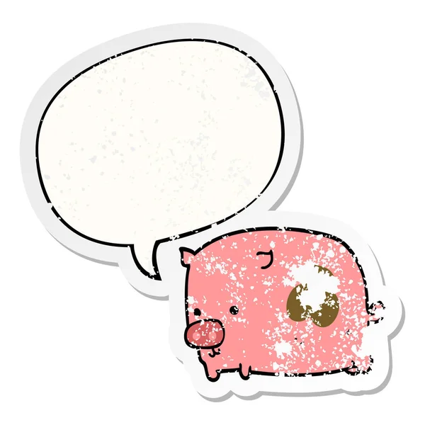 Cartoon pig and speech bubble distressed sticker — Stock Vector