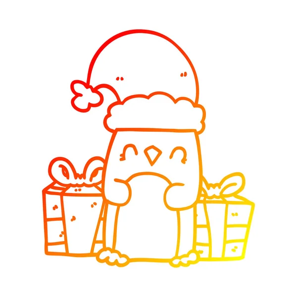 Warme Gradientenlinie zeichnet niedlichen Weihnachtspinguin — Stockvektor
