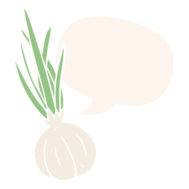 retro tarzı karikatür sarımsak ampul ve konuşma balonu