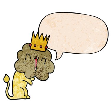 retro doku tarzında karikatür aslan ve taç ve konuşma balonu