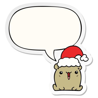 sevimli karikatür ayı ve noel şapka ve konuşma kabarcık etiket