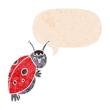 retro dokulu tarzı sevimli karikatür uğur böceği ve konuşma balonu