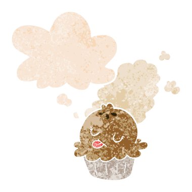 retro dokulu tarzında sevimli karikatür pasta ve düşünce balonu