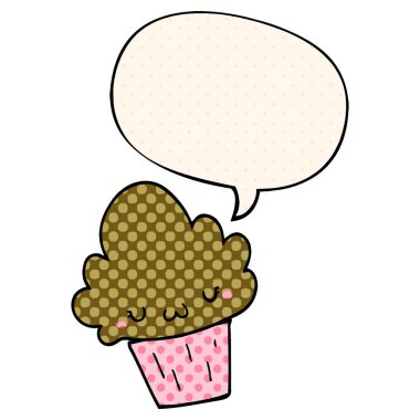 çizgi roman tarzında karikatür cupcake ve yüz ve konuşma balonu