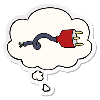 karikatür elektrik fişi ve baskılı bir etiket olarak düşünce kabarcığı