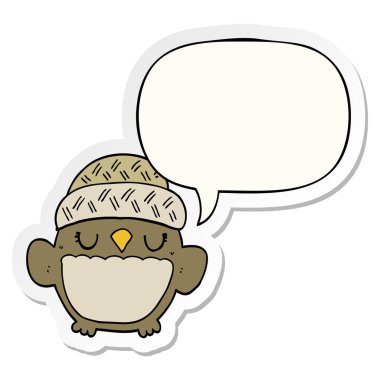 şapka ve konuşma kabarcık etiket sevimli karikatür baykuş