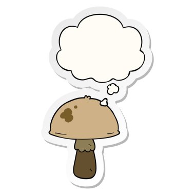 karikatür mantar ve baskılı bir etiket olarak kabarcık düşünce