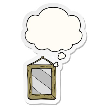 karikatür ayna ve baskılı bir etiket olarak düşünce balonu