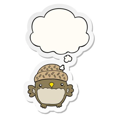 şapka sevimli karikatür baykuş ve basılı bir etiket olarak kabarcık düşünce