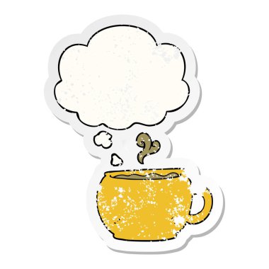 karikatür kahve fincanı ve sıkıntılı bir yıpranmış sopa olarak kabarcık düşünce