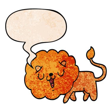 retro doku tarzında sevimli karikatür aslan ve konuşma balonu