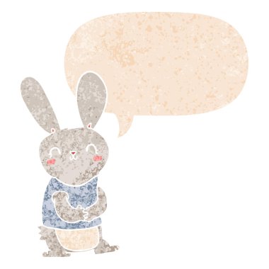 retro dokulu tarzısevimli karikatür tavşan ve konuşma balonu