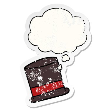 karikatür şapka ve sıkıntılı yıpranmış etiket olarak kabarcık düşünce