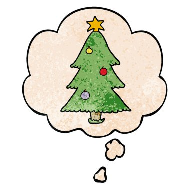 karikatür noel ağacı ve grunge doku patt düşünce balonu