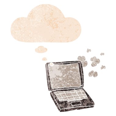 retro dokulu sty karikatür dizüstü bilgisayar ve düşünce balonu