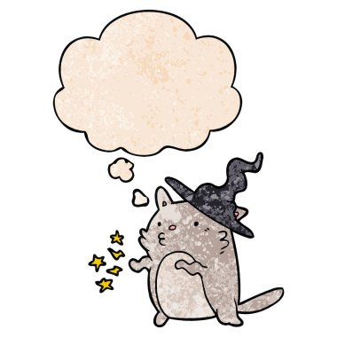 karikatür kedi sihirbazı ve grunge doku desen düşünce balonu 